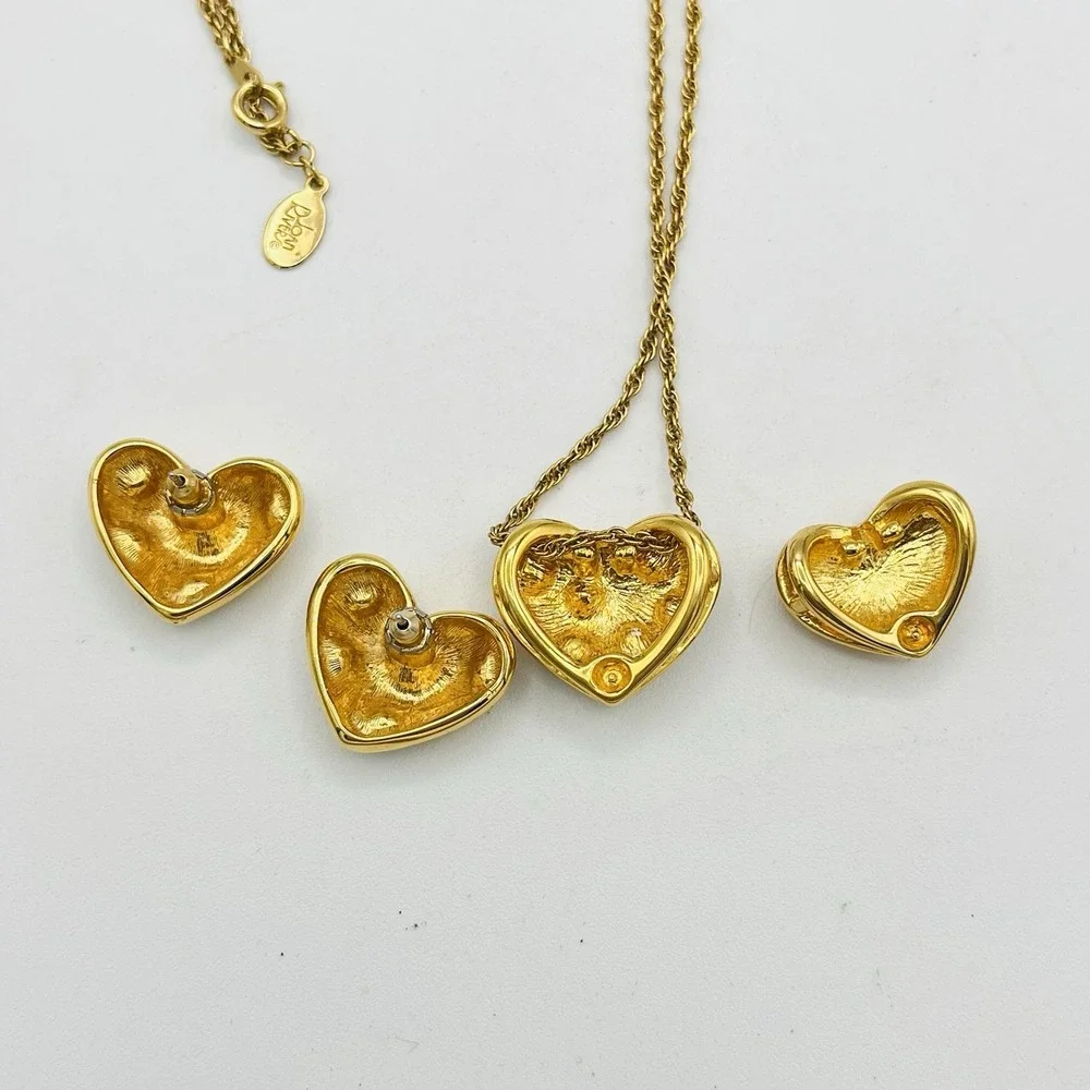 Vintage Joan Rivers Two Heart Necklace Slide Pendant Gold Crystal Earrings Chain